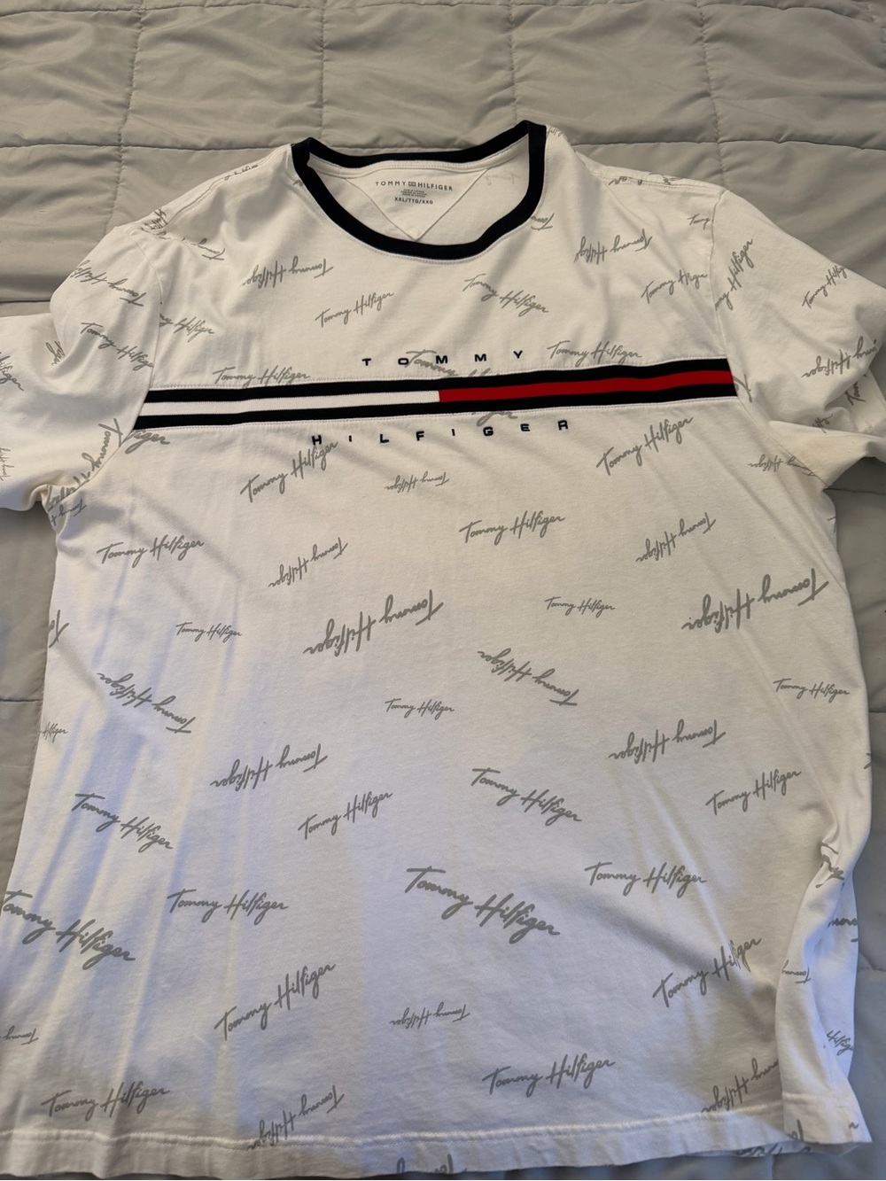 Tommy Hilfiger White Short-Sleeve Logo Tee with Red & Navy Stripe